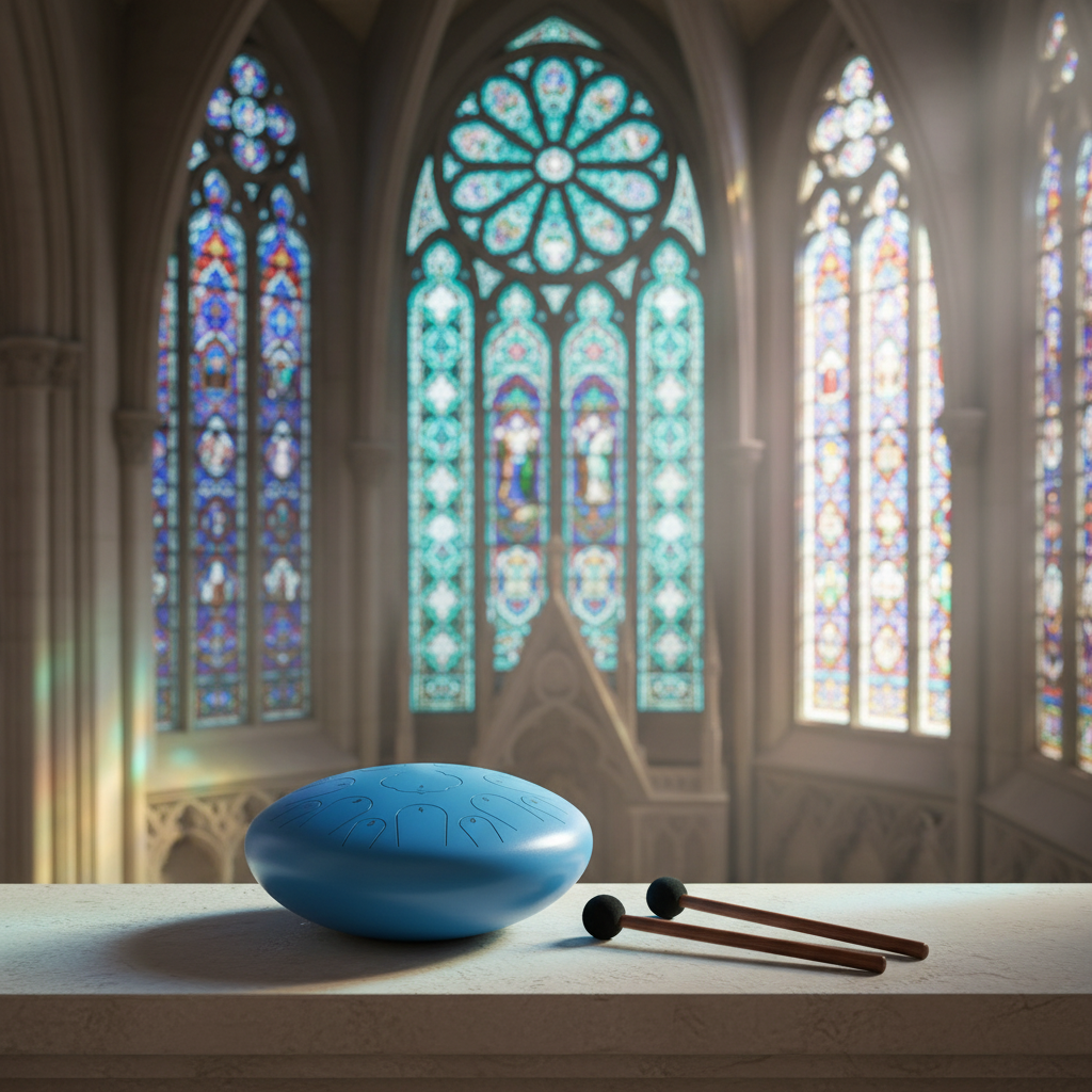 Lake Blue Ethereal Stained Glass steel tongue drum, 14-inch 15-note Key of D, cathedral scene