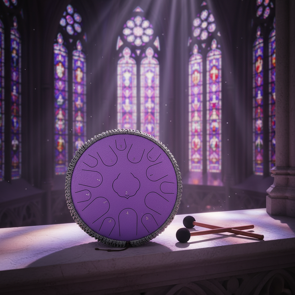 Lavender Ethereal Stained Glass steel tongue drum, 14-inch 15-note Key of D, cathedral scene