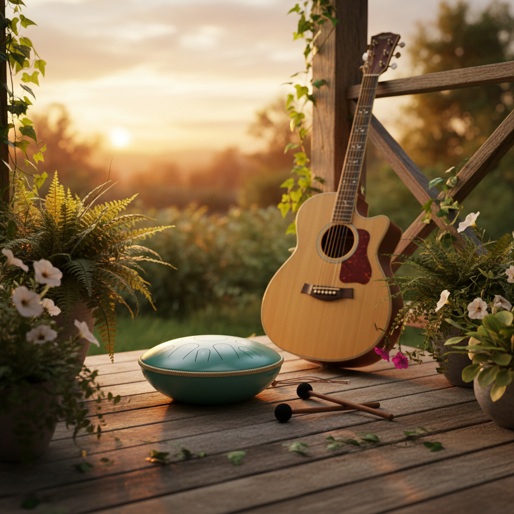 Light green Ethereal Instrument Circle steel tongue drum, 14-inch 15-note Key of C, acoustic guitar garden-porch scene