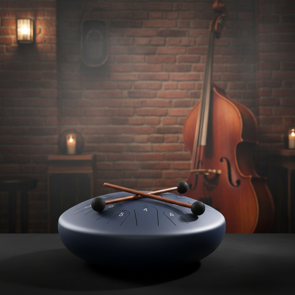 Navy blue Ethereal Instrument Circle steel tongue drum, 14-inch 15-note Key of C, upright double bass jazz-cellar scene