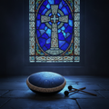 Navy Blue Ethereal Stained Glass steel tongue drum, 14-inch 15-note Key of D, cathedral scene