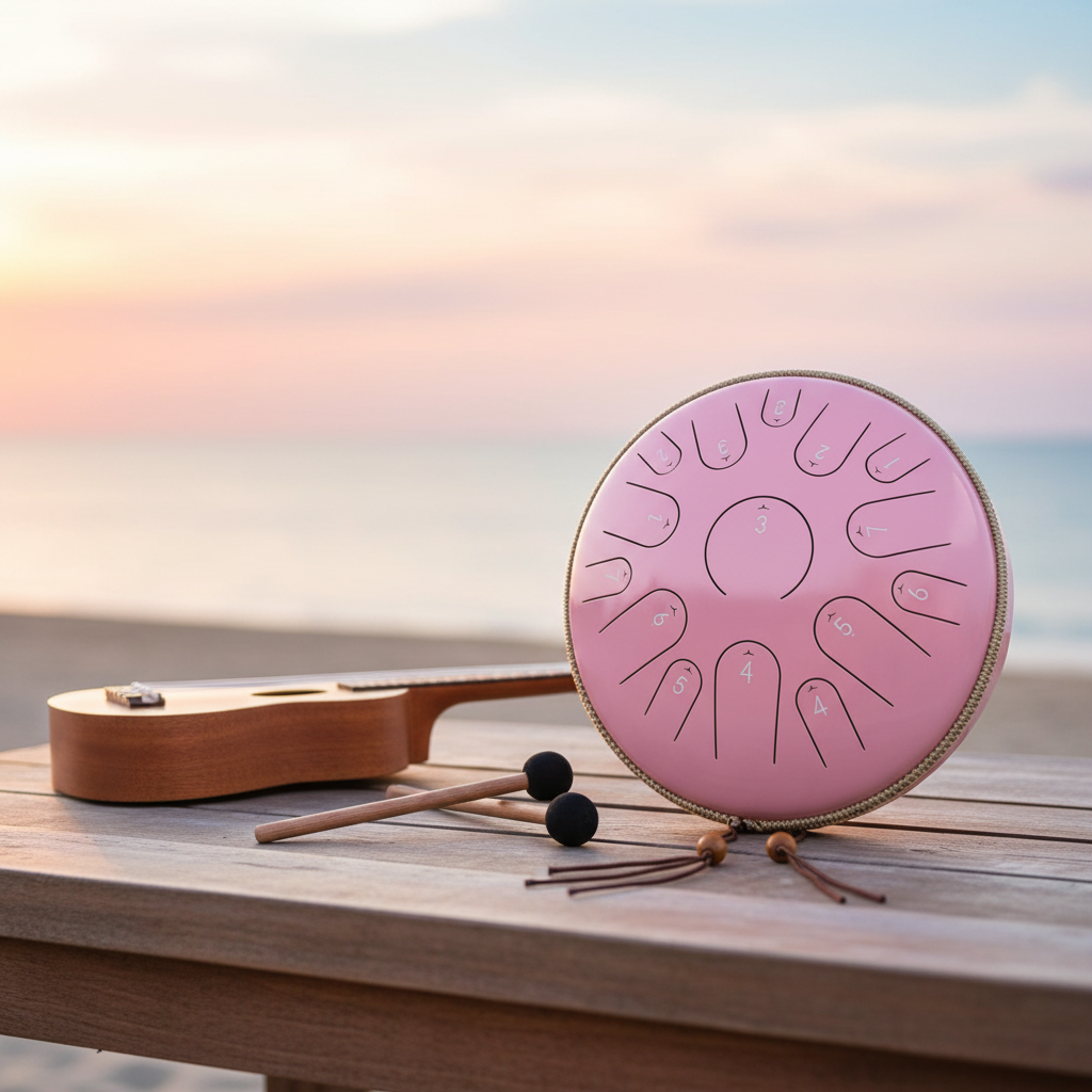 Pink Ethereal Instrument Circle steel tongue drum, 14-inch 15-note Key of C, ukulele beach-café scene