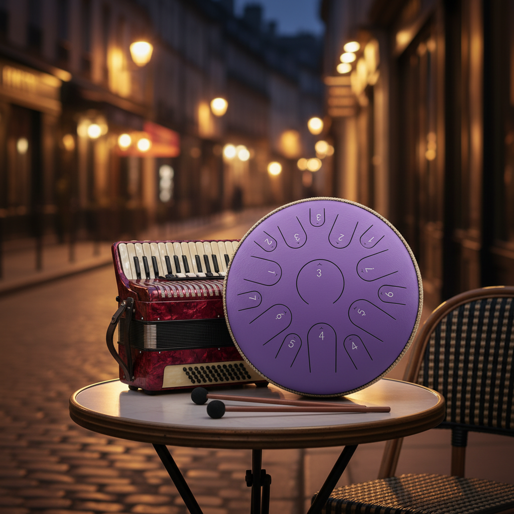 Purple Ethereal Instrument Circle steel tongue drum, 14-inch 15-note Key of C, accordion street-café scene