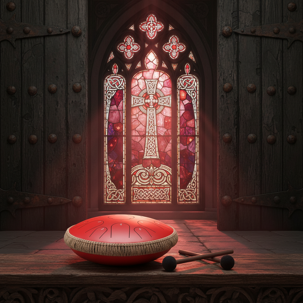 Red Ethereal Stained Glass steel tongue drum, 14-inch 15-note Key of D, cathedral scene