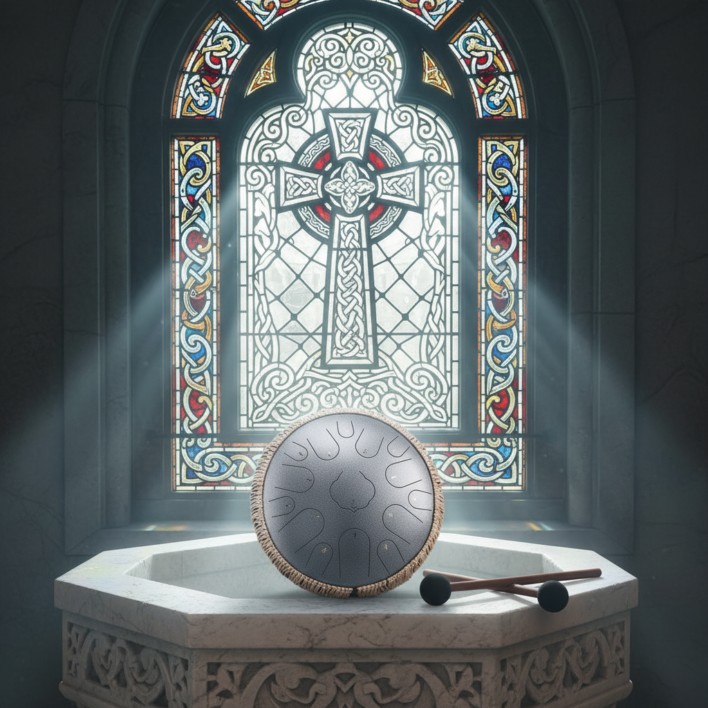 Silver Ethereal Stained Glass steel tongue drum, 14-inch 15-note Key of D, cathedral scene