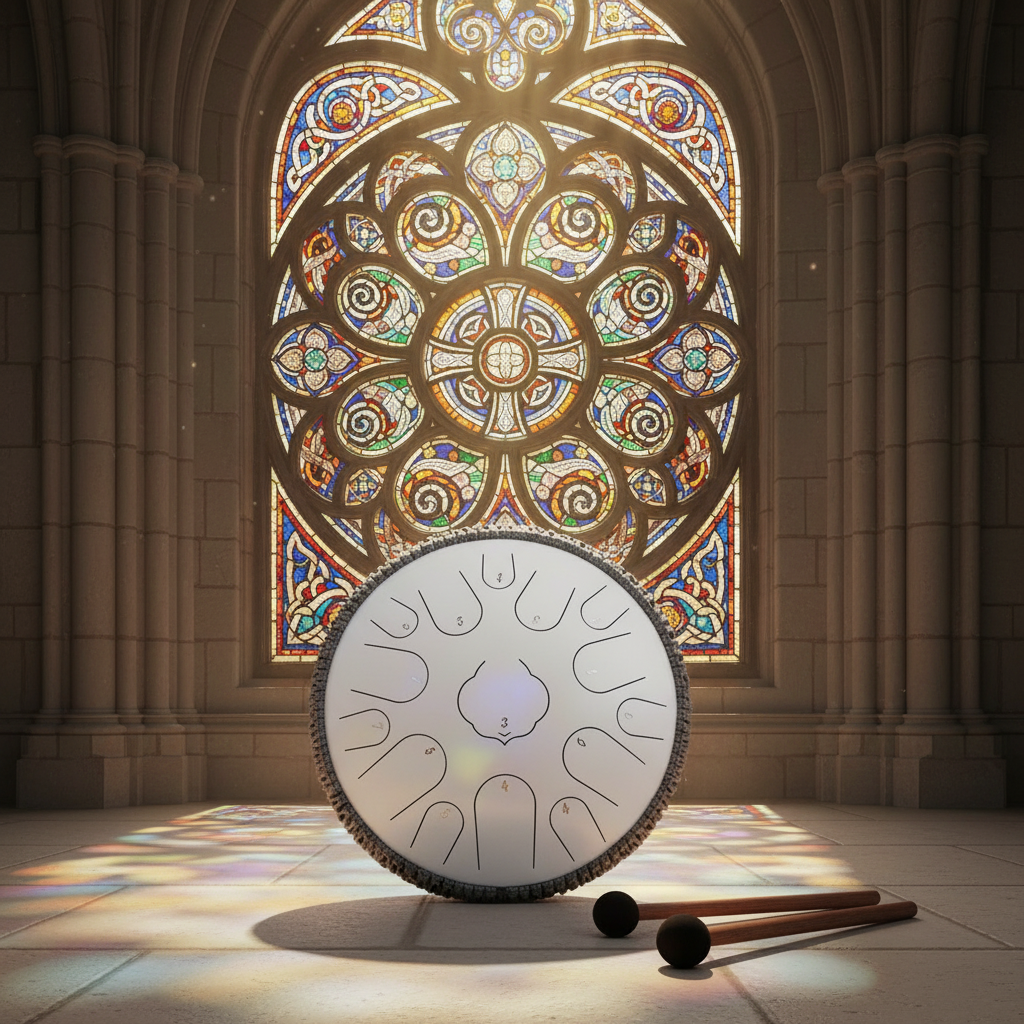 White Ethereal Stained Glass steel tongue drum, 14-inch 15-note Key of D, cathedral scene