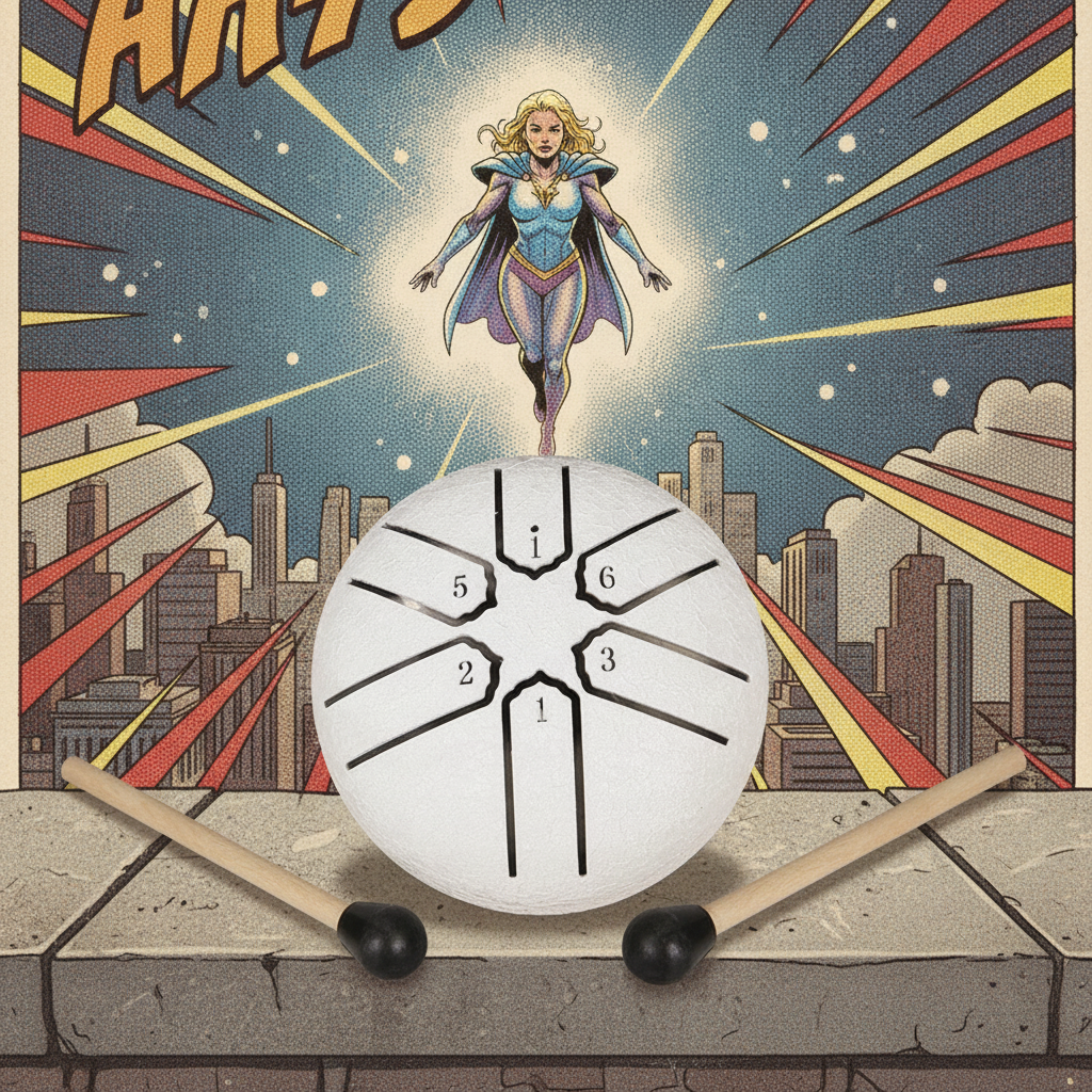 White Ethereal Super Hero mini steel tongue drum, 3-inch 6-note Key of C