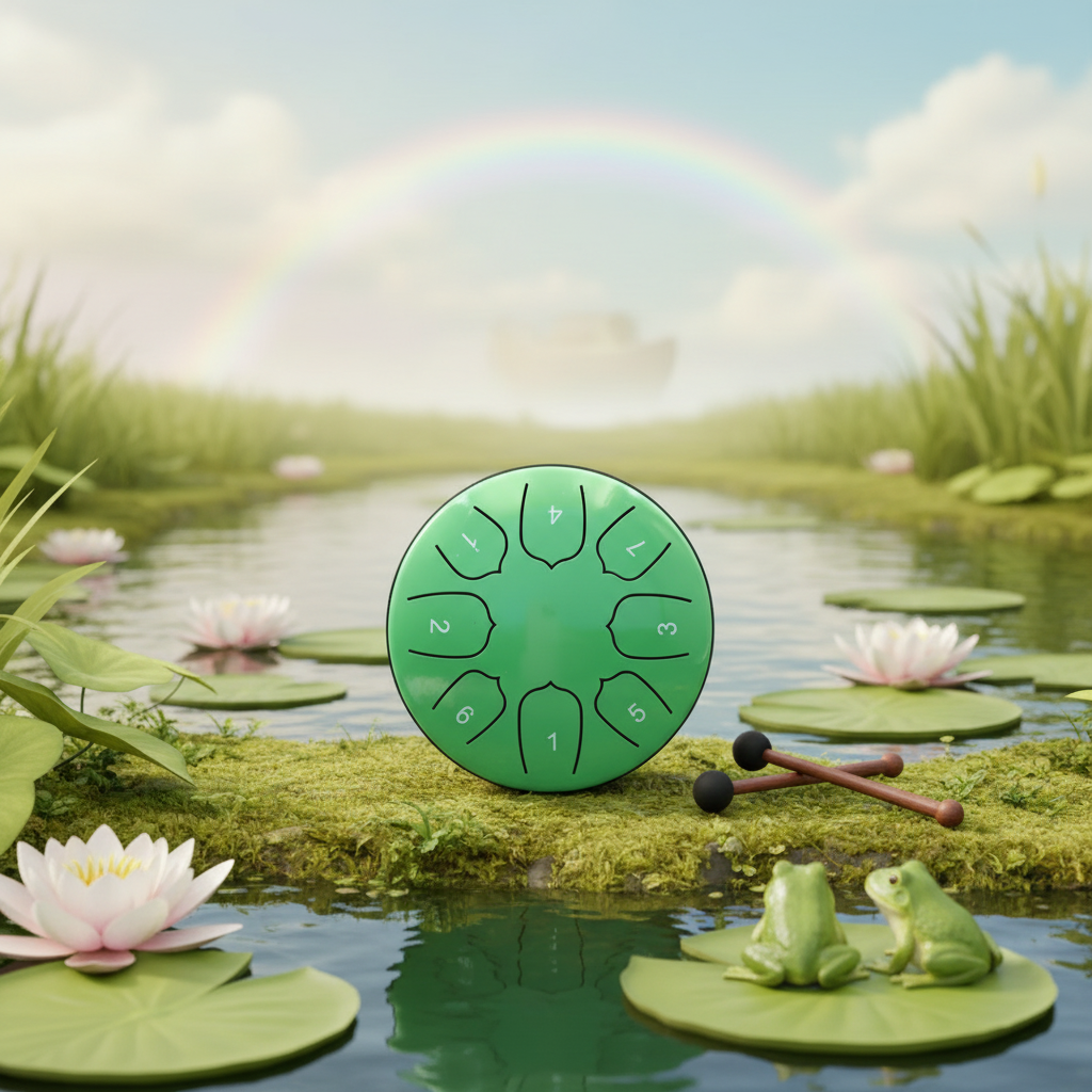 Green Ethereal Noah's Ark steel tongue drum, 5.5-inch 8-note Key of C, with a pair of frogs