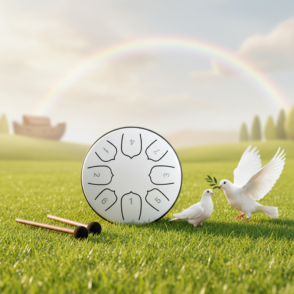 White Ethereal Noah's Ark steel tongue drum, 5.5-inch 8-note Key of C, with a pair of doves