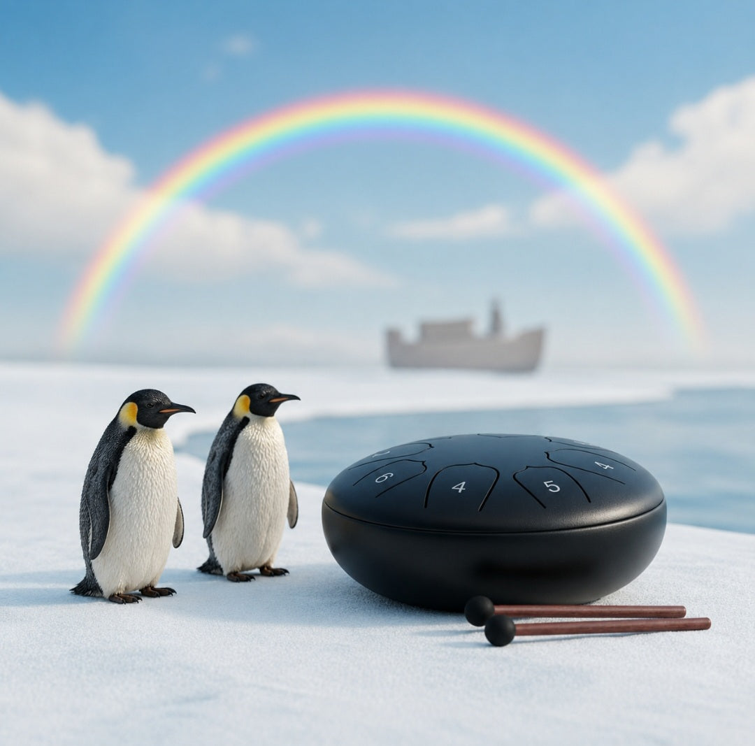 Black Ethereal Noah's Ark steel tongue drum, 5.5-inch 8-note Key of C, with a pair of penguins