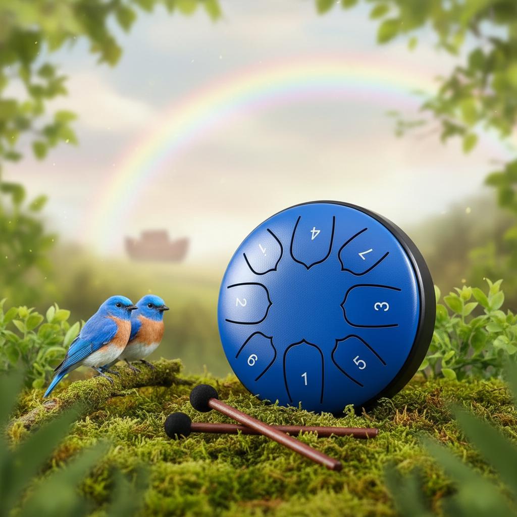 Blue Ethereal Noah's Ark steel tongue drum, 5.5-inch 8-note Key of C, with a pair of bluebirds