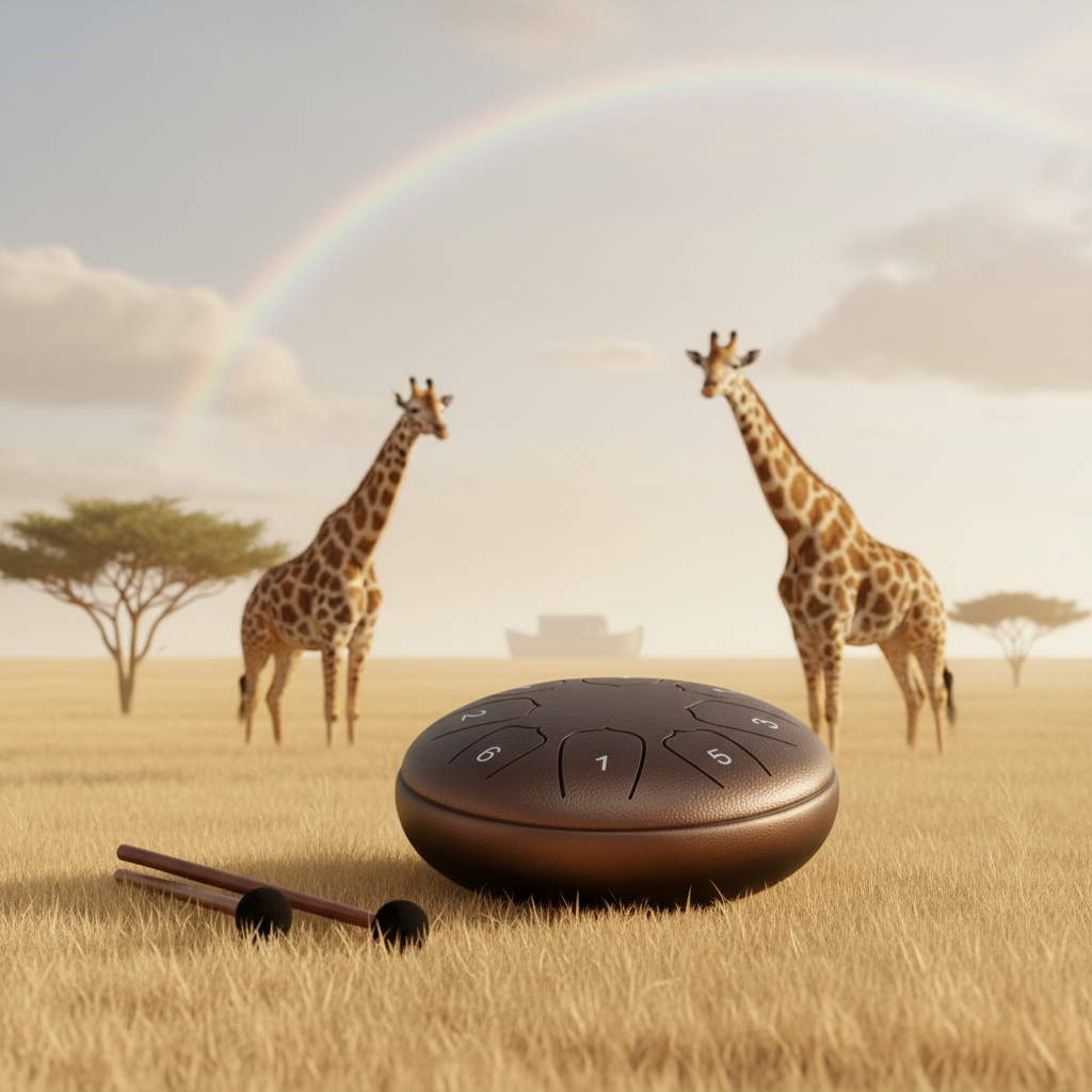 Bronze Ethereal Noah's Ark steel tongue drum, 5.5-inch 8-note Key of C, with a pair of giraffes