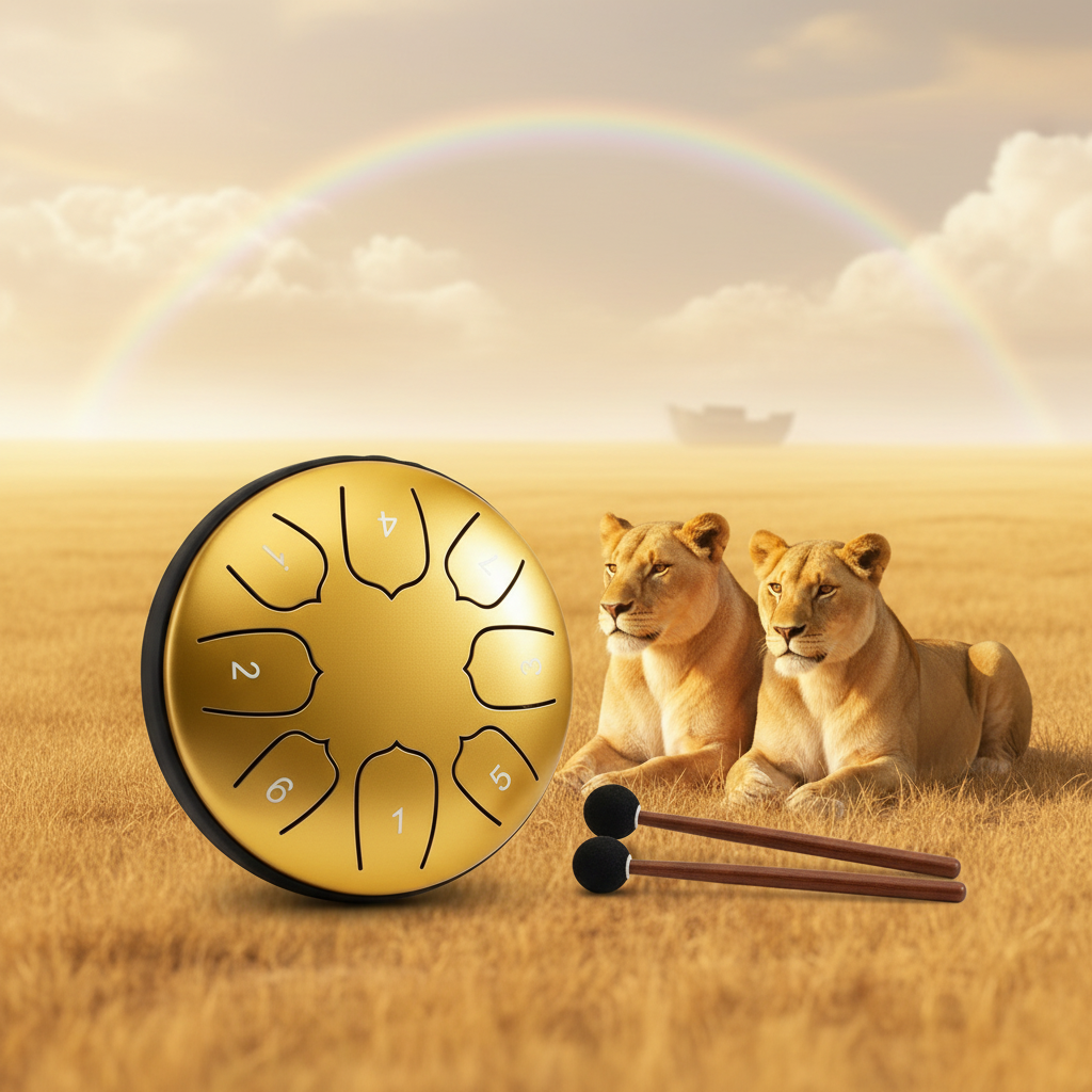 Gold Ethereal Noah's Ark steel tongue drum, 5.5-inch 8-note Key of C, with a pair of lions
