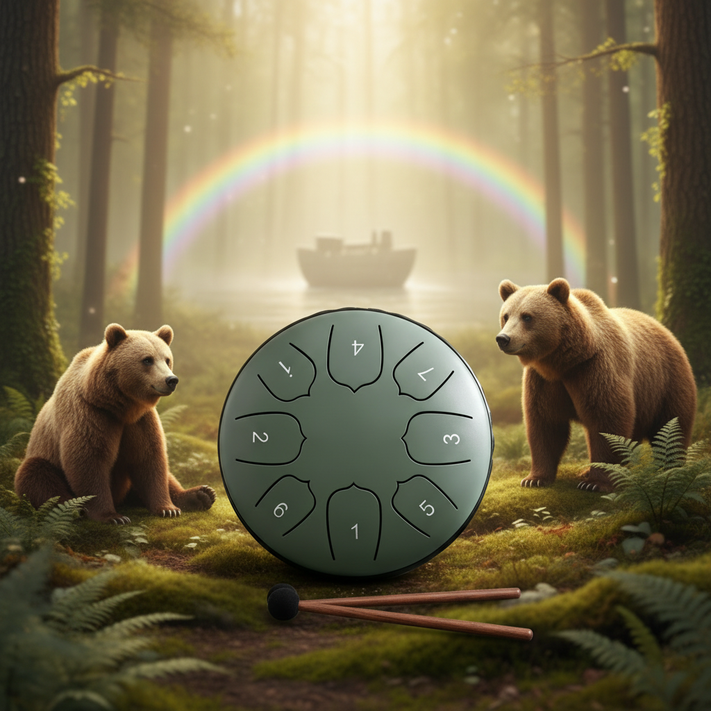 Green Ethereal Noah's Ark steel tongue drum, 5.5-inch 8-note Key of C, with a pair of frogs