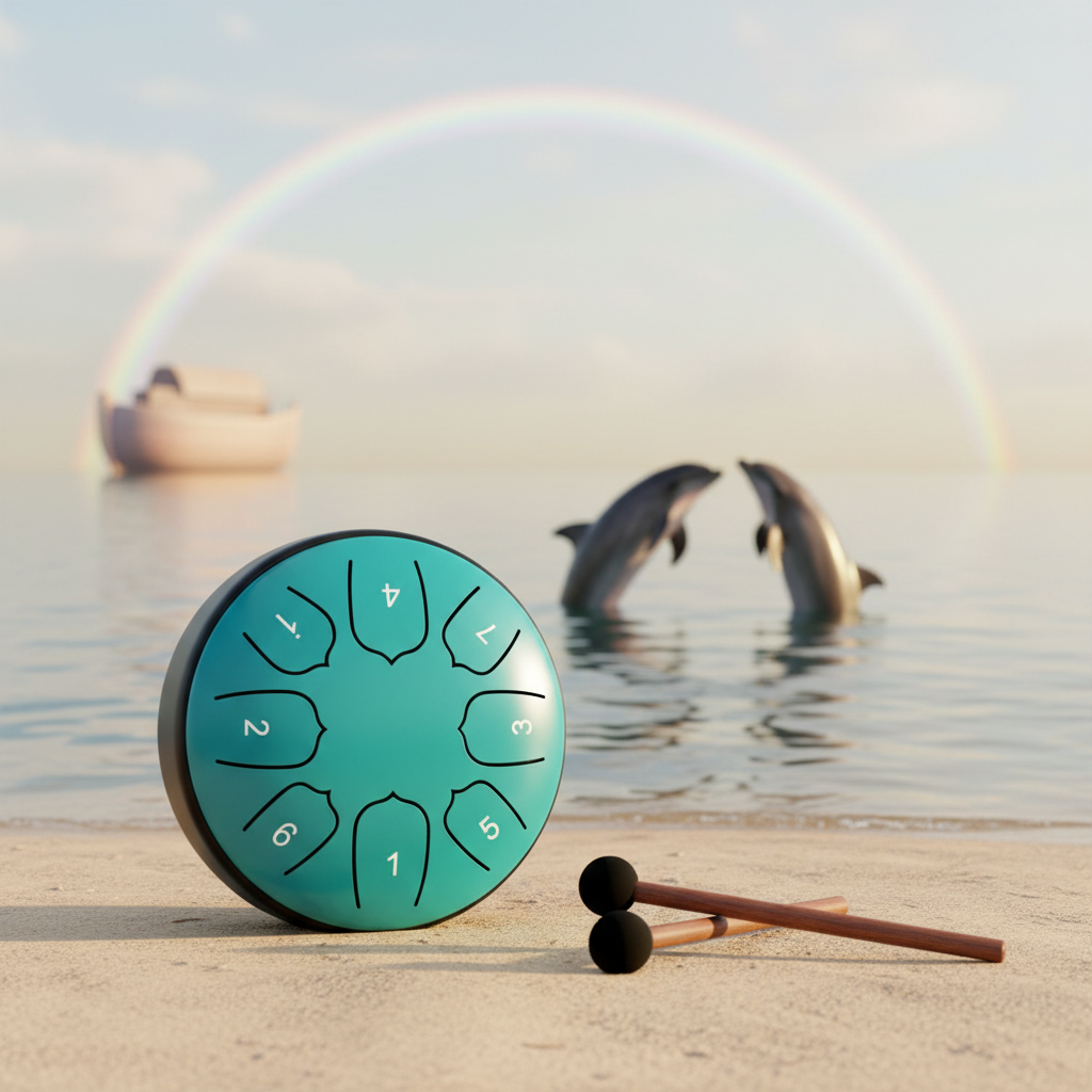 Lake blue Ethereal Noah's Ark steel tongue drum, 5.5-inch 8-note Key of C, with a pair of dolphins