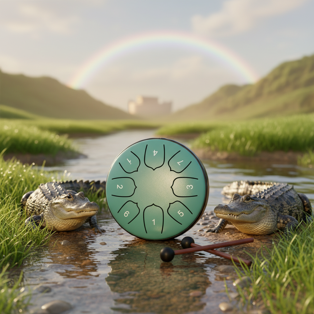 Light green Ethereal Noah's Ark steel tongue drum, 5.5-inch 8-note Key of C, with a pair of crocodiles