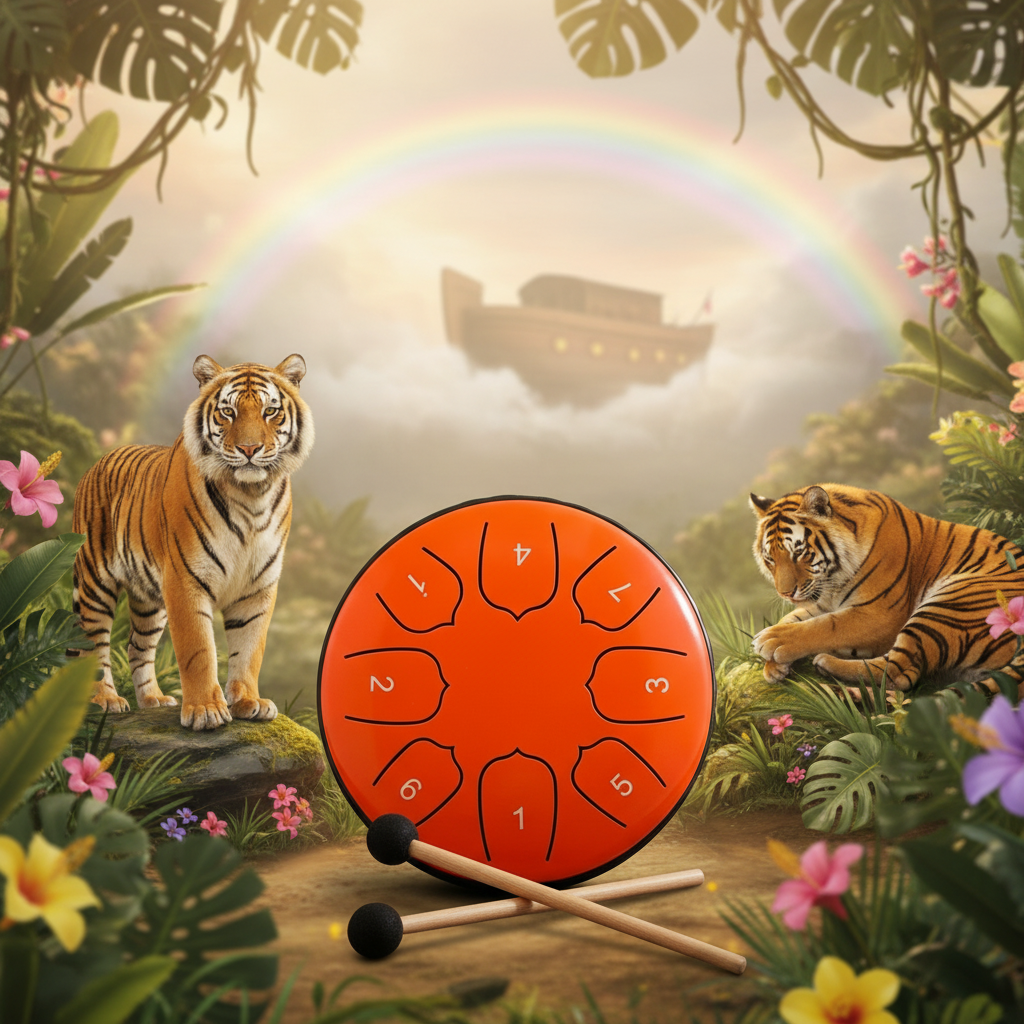 Orange Ethereal Noah's Ark steel tongue drum, 5.5-inch 8-note Key of C, with a pair of tigers