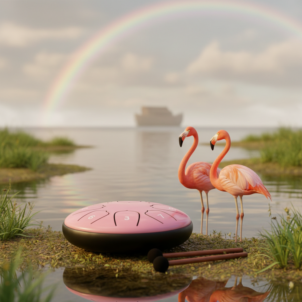 Pink Ethereal Noah's Ark steel tongue drum, 5.5-inch 8-note Key of C, with a pair of flamingos
