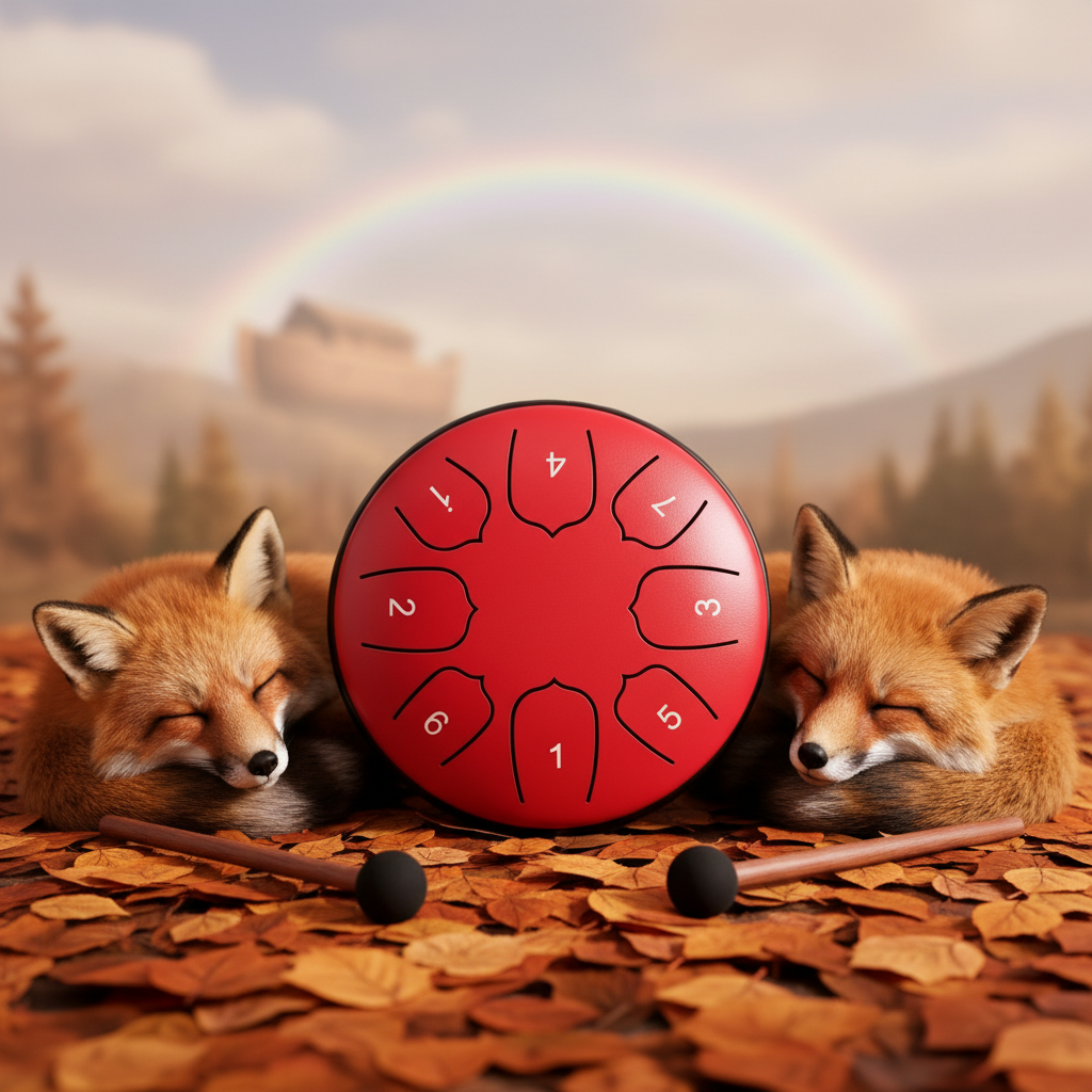 Red Ethereal Noah's Ark steel tongue drum, 5.5-inch 8-note Key of C, with a pair of foxes