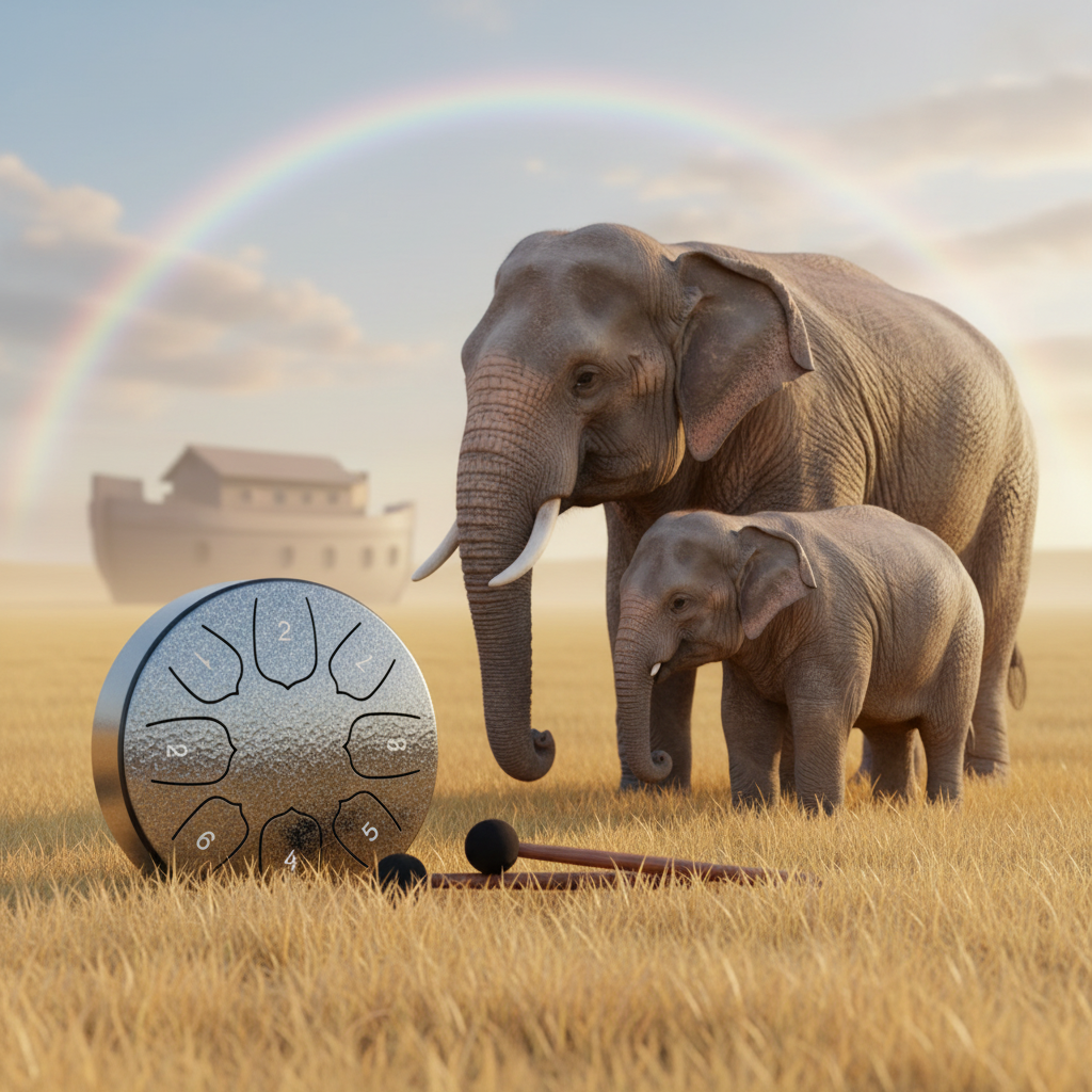 Silver Ethereal Noah's Ark steel tongue drum, 5.5-inch 8-note Key of C, with a pair of elephants