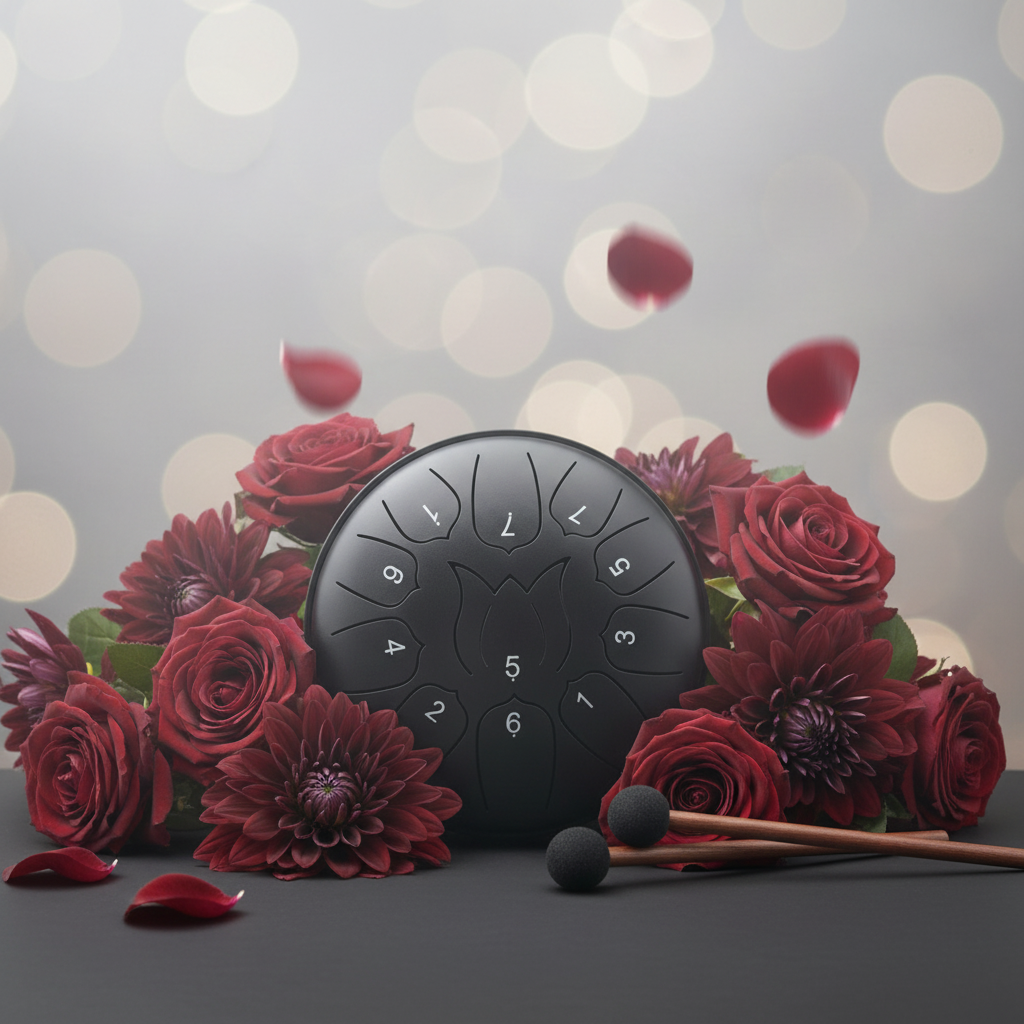 Black Ethereal Love Me Love Me Not steel tongue drum, 6-inch 11-note Key of C, with burgundy roses and dahlias