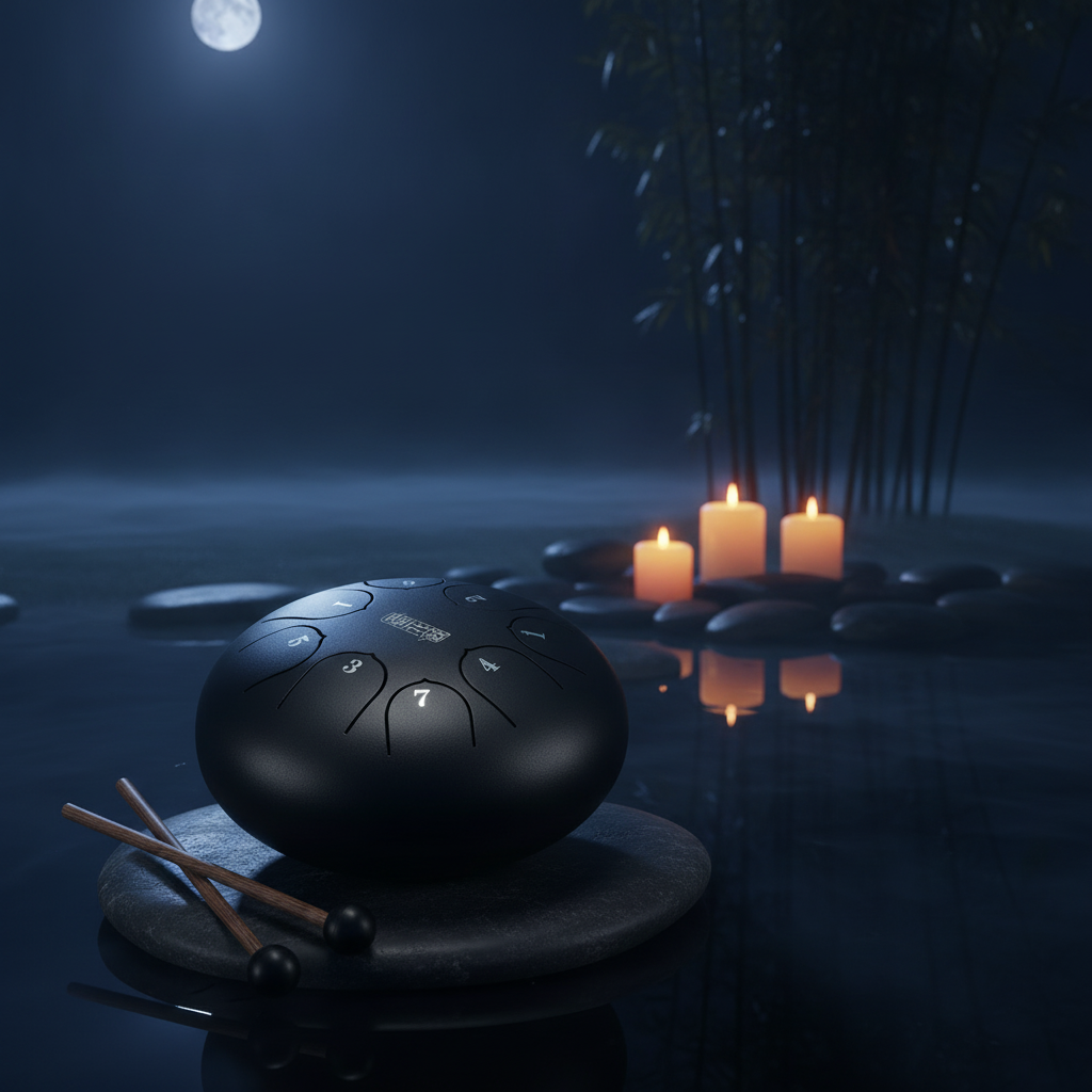 Black Ethereal Zen Stillness steel tongue drum, 6-inch 8-note Key of C, minimalist calm scene