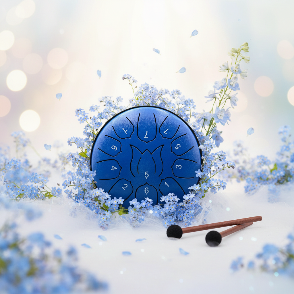 Blue Ethereal Love Me Love Me Not steel tongue drum, 6-inch 11-note Key of C, with forget-me-nots