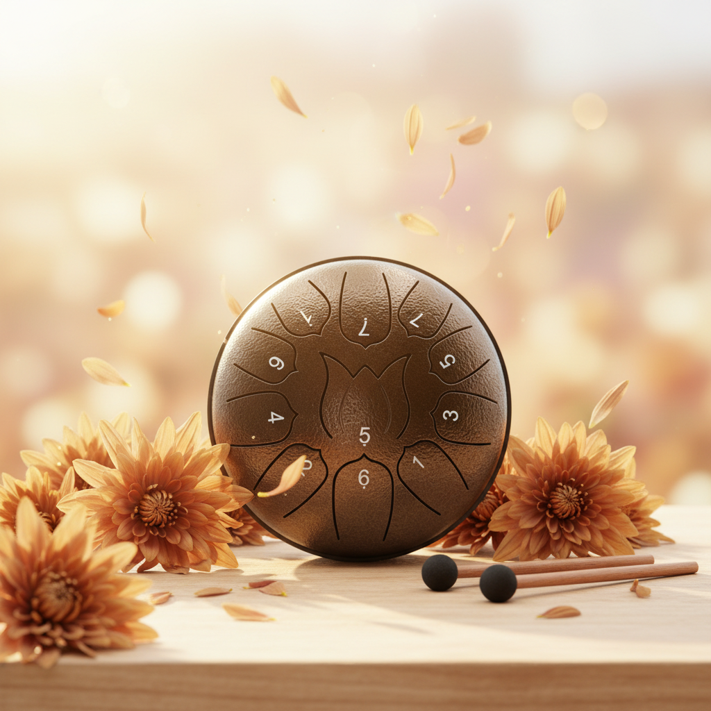 Bronze Ethereal Love Me Love Me Not steel tongue drum, 6-inch 11-note Key of C, with chrysanthemums