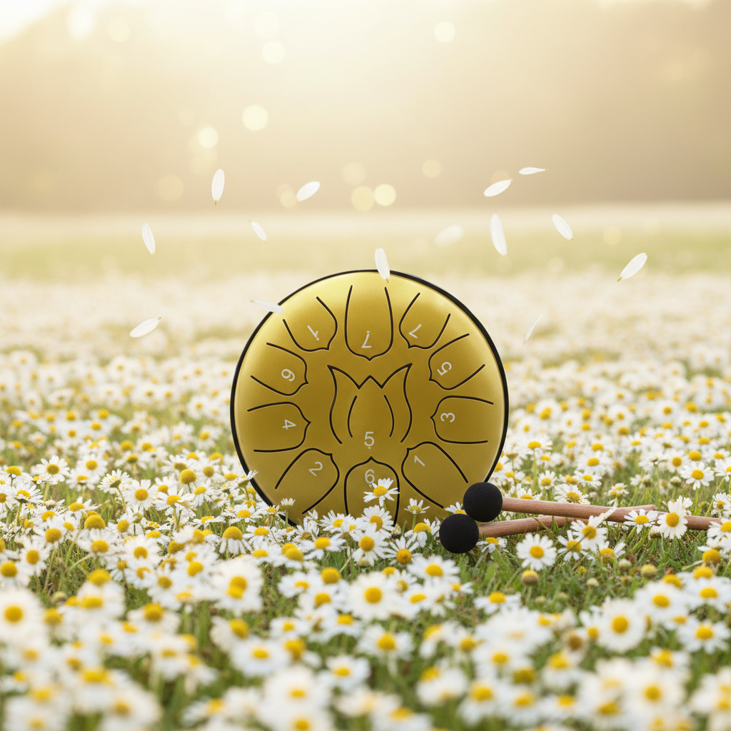 Gold Ethereal Love Me Love Me Not steel tongue drum, 6-inch 11-note Key of C, with ox-eye daisies