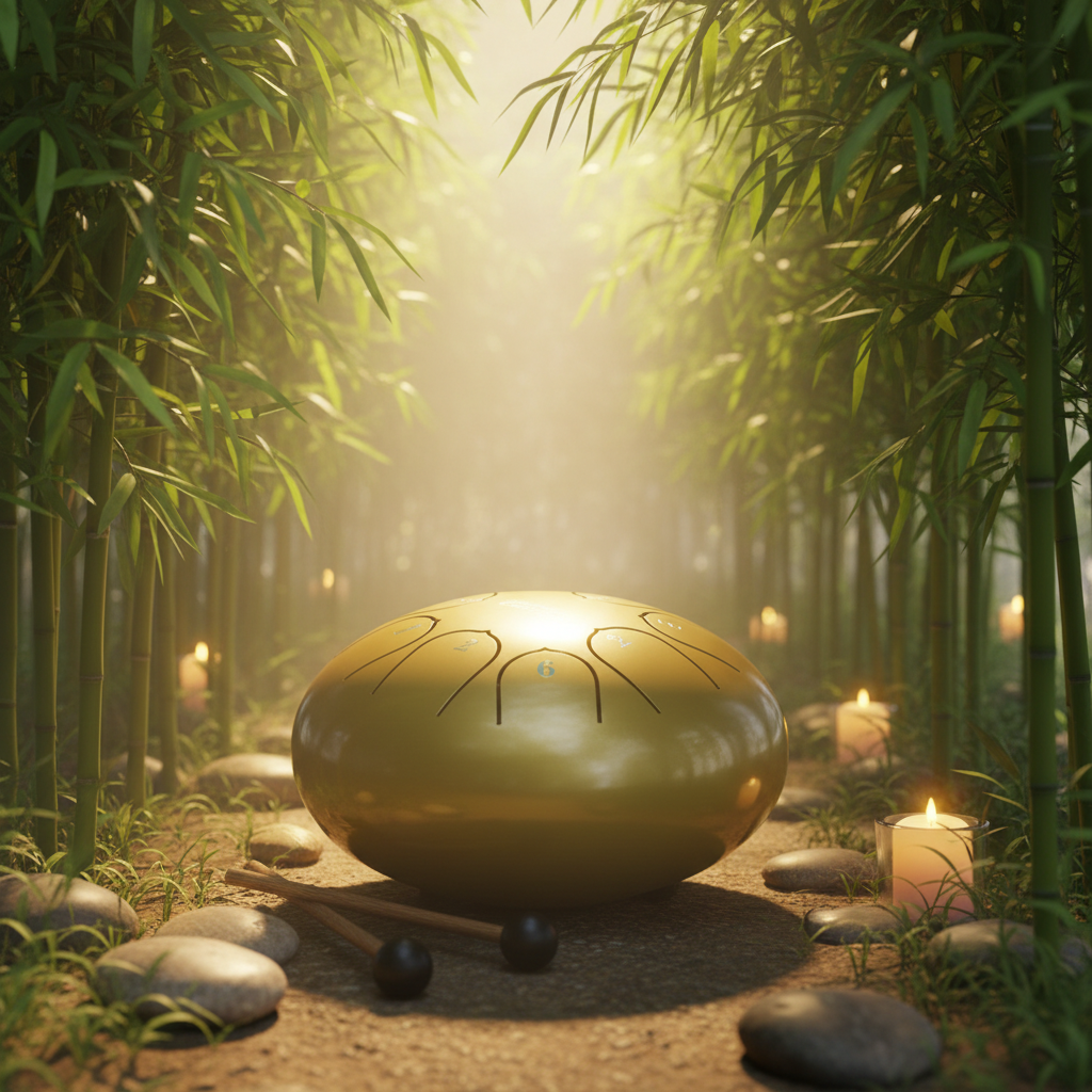 Gold Ethereal Zen Stillness steel tongue drum, 6-inch 8-note Key of C, minimalist calm scene