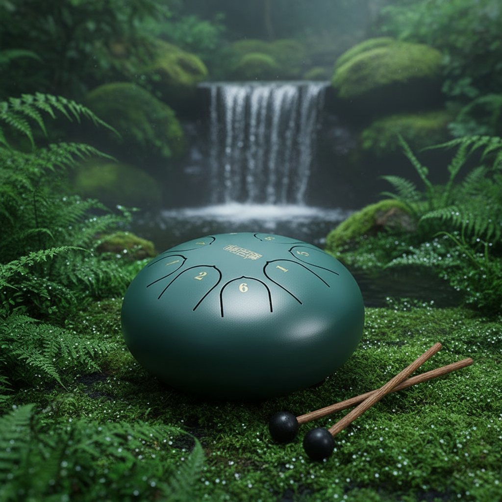 Green Ethereal Zen Stillness steel tongue drum, 6-inch 8-note Key of C, minimalist calm scene