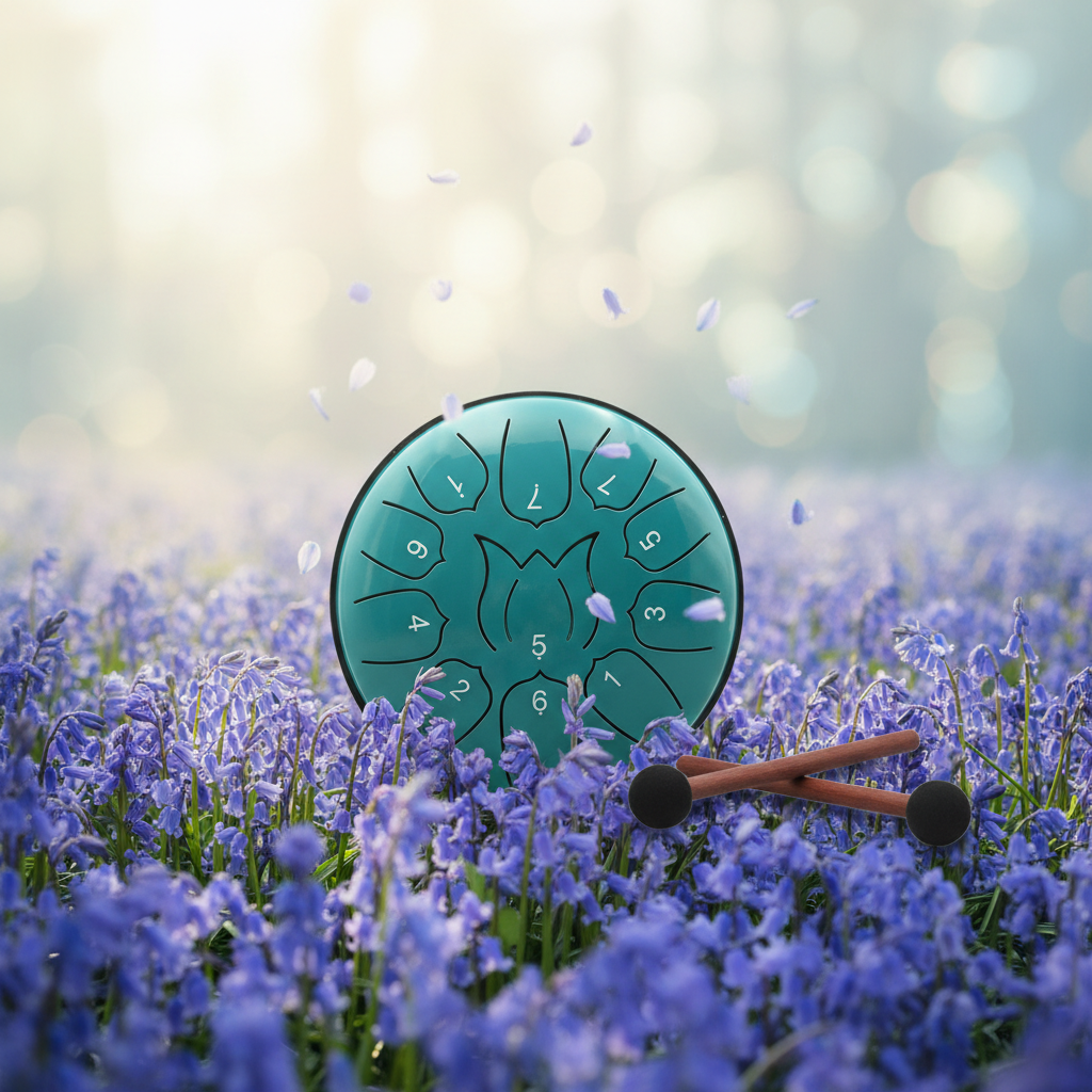 Lake blue Ethereal Love Me Love Me Not steel tongue drum, 6-inch 11-note Key of C, with bluebells