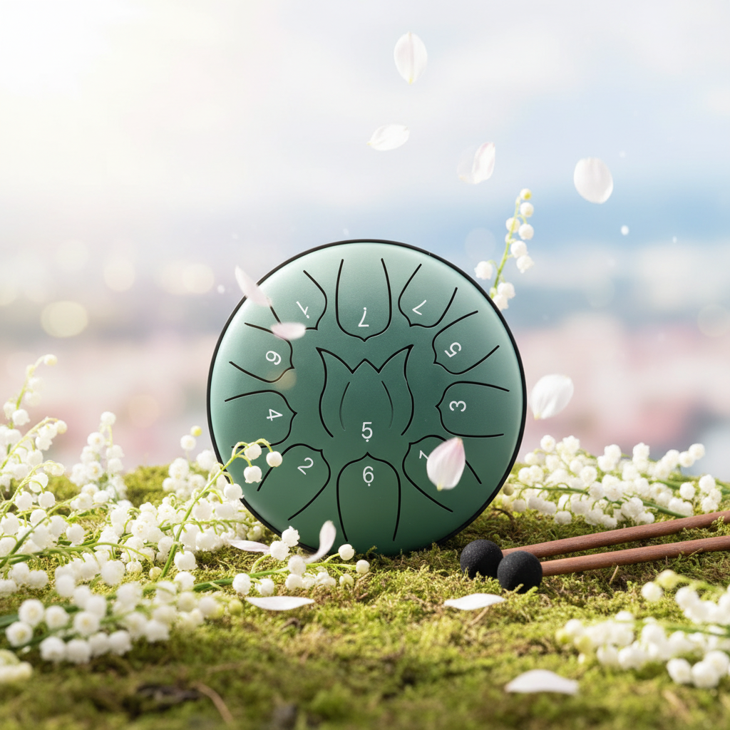 Light green Ethereal Love Me Love Me Not steel tongue drum, 6-inch 11-note Key of C, with lily of the valley