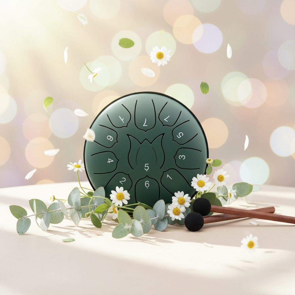 Malachite green Ethereal Love Me Love Me Not steel tongue drum, 6-inch 11-note Key of C, with eucalyptus and white blossom