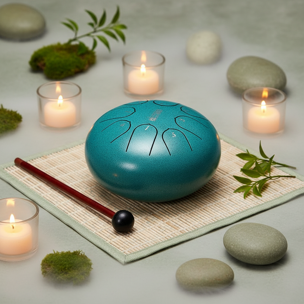 Malachite Green Ethereal Zen Stillness steel tongue drum, 6-inch 8-note Key of C, minimalist calm scene