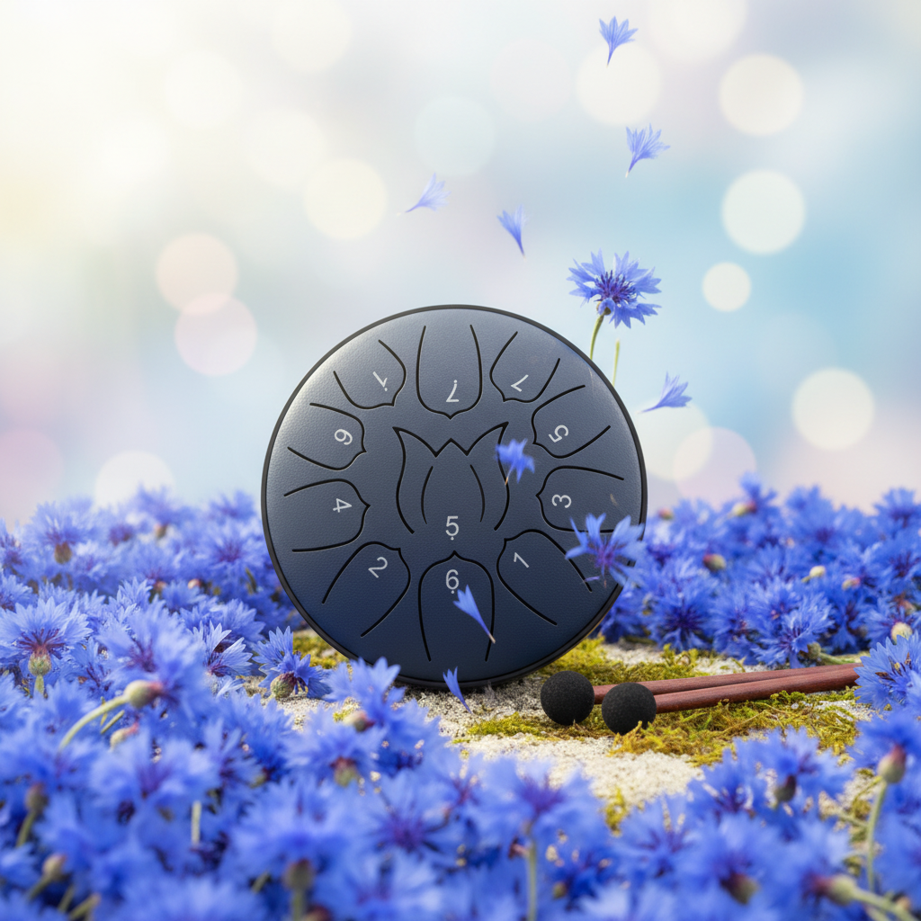 Navy blue Ethereal Love Me Love Me Not steel tongue drum, 6-inch 11-note Key of C, with cornflowers