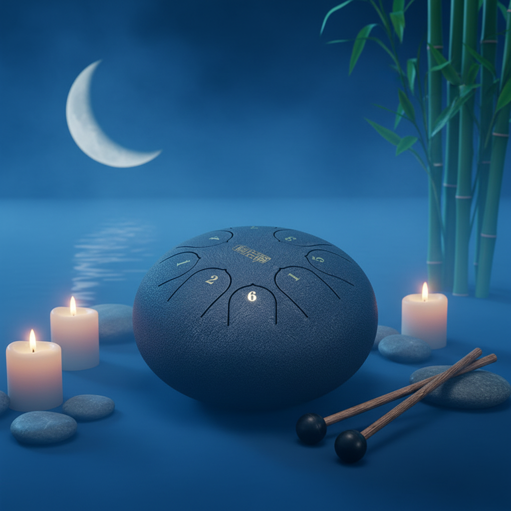 Navy Blue Ethereal Zen Stillness steel tongue drum, 6-inch 8-note Key of C, minimalist calm scene