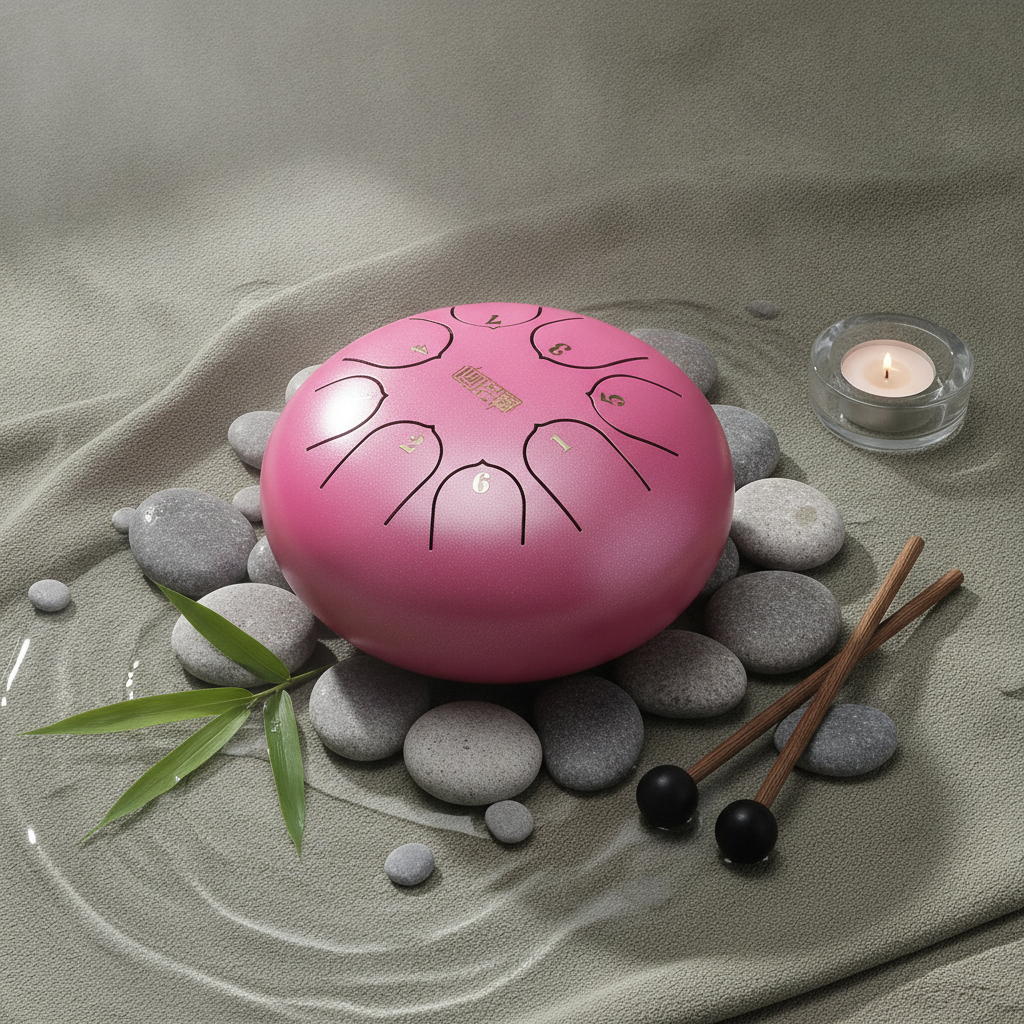 Pink Ethereal Zen Stillness steel tongue drum, 6-inch 8-note Key of C, minimalist calm scene