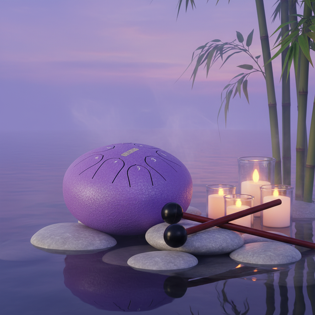 Purple Ethereal Zen Stillness steel tongue drum, 6-inch 8-note Key of C, minimalist calm scene