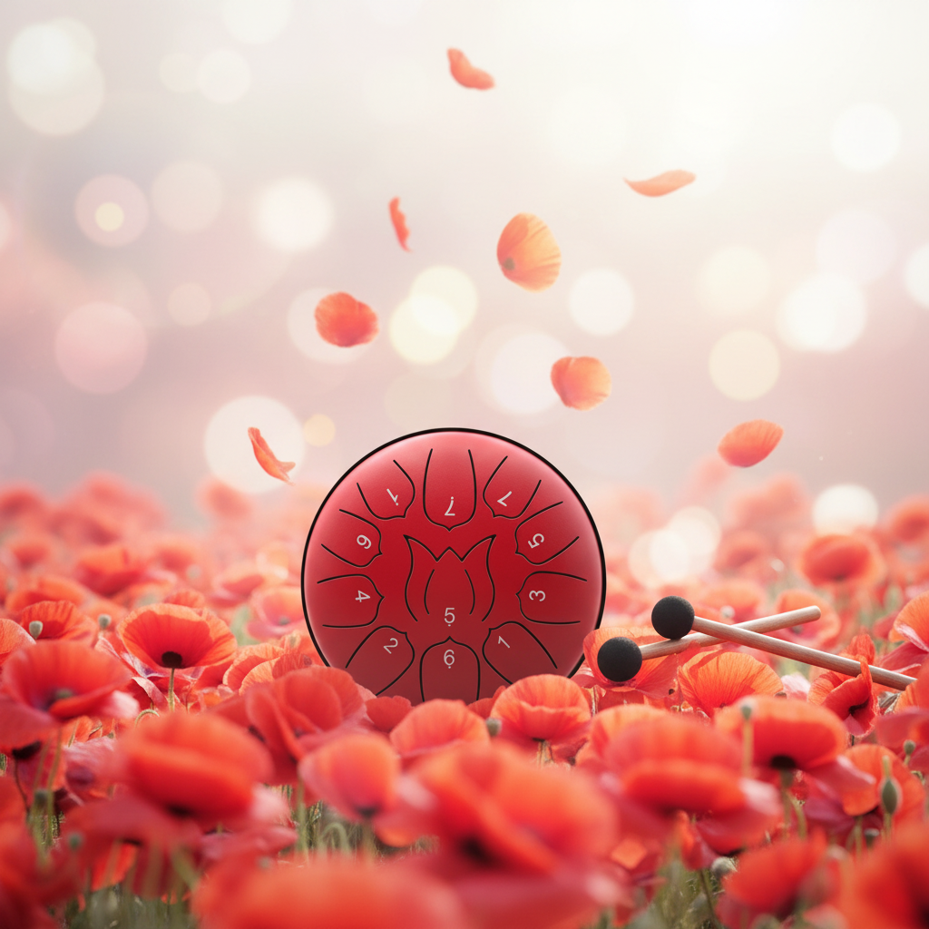 Red Ethereal Love Me Love Me Not steel tongue drum, 6-inch 11-note Key of C, with poppies
