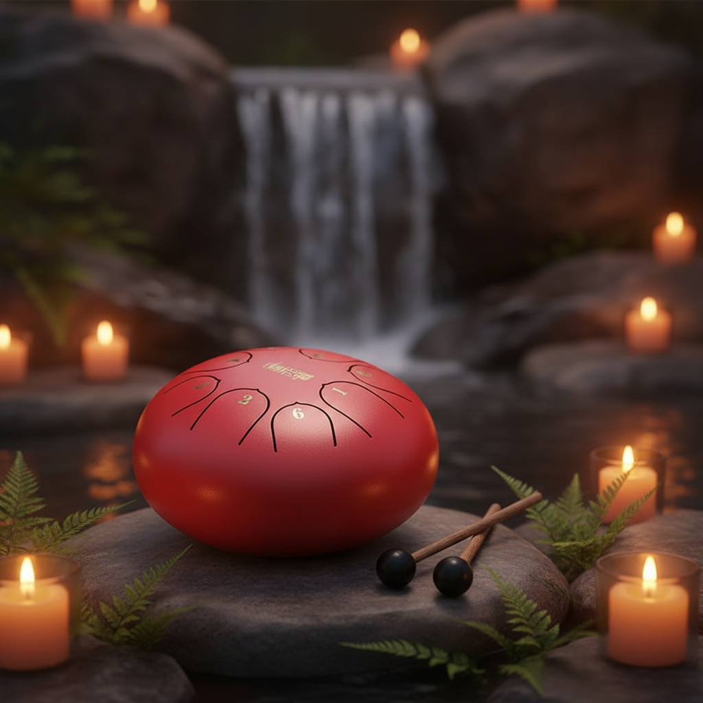 Red Ethereal Zen Stillness steel tongue drum, 6-inch 8-note Key of C, minimalist calm scene