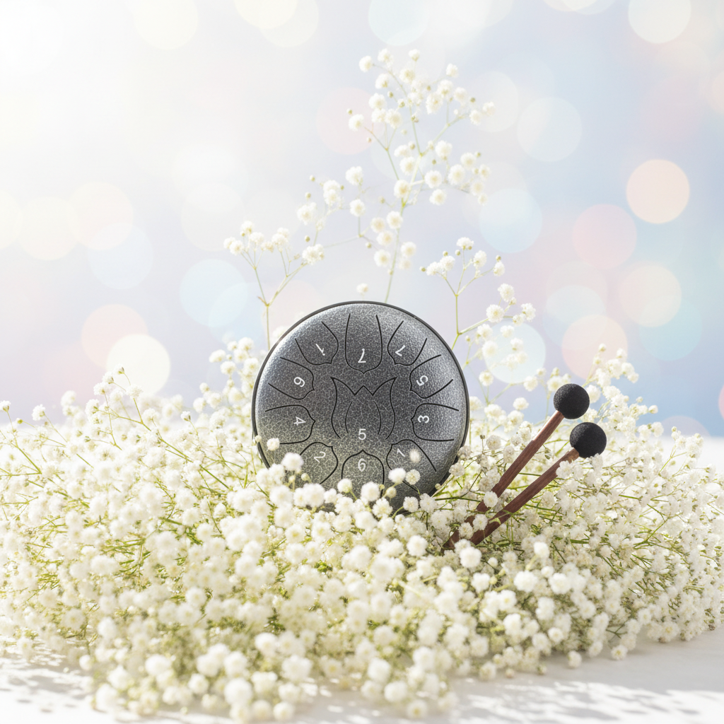 Silver Ethereal Love Me Love Me Not steel tongue drum, 6-inch 11-note Key of C, with baby's breath
