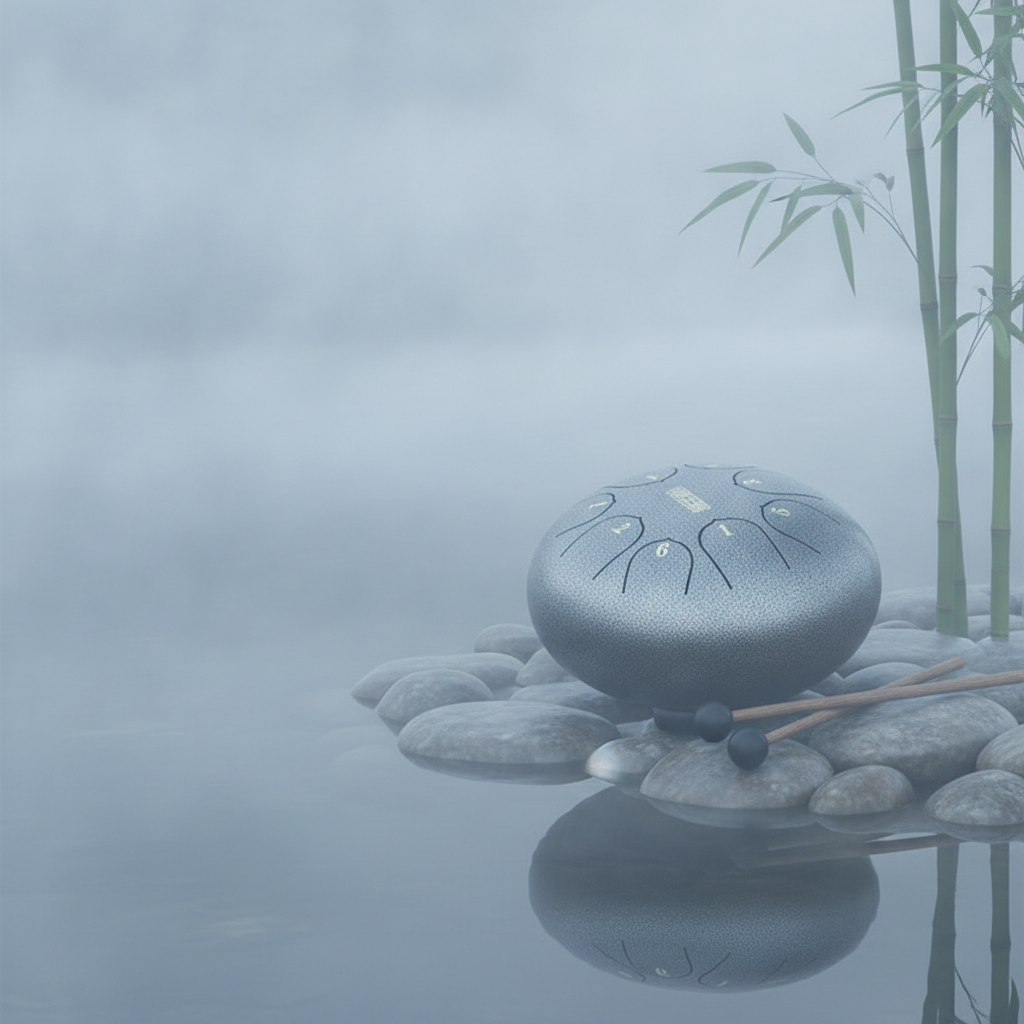 Silver Ethereal Zen Stillness steel tongue drum, 6-inch 8-note Key of C, minimalist calm scene