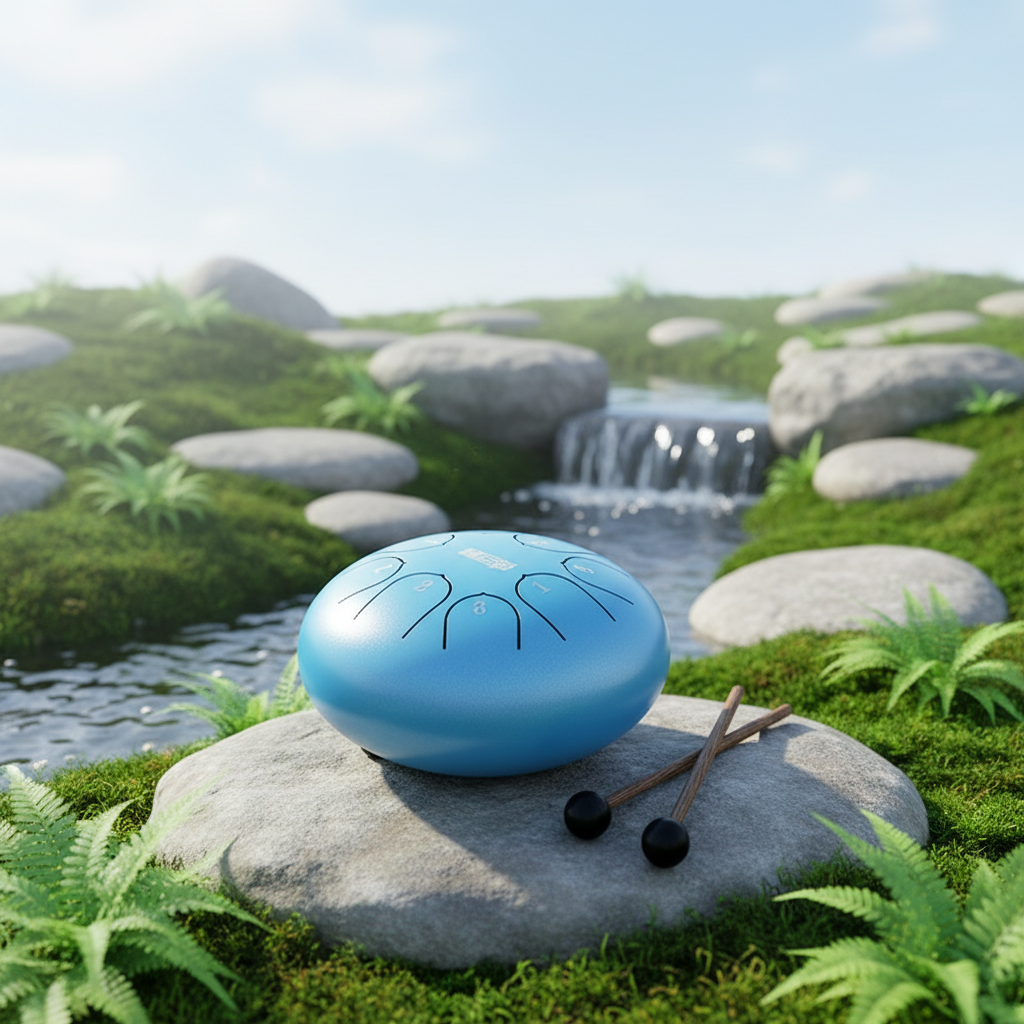 Sky Blue Ethereal Zen Stillness steel tongue drum, 6-inch 8-note Key of C, minimalist calm scene