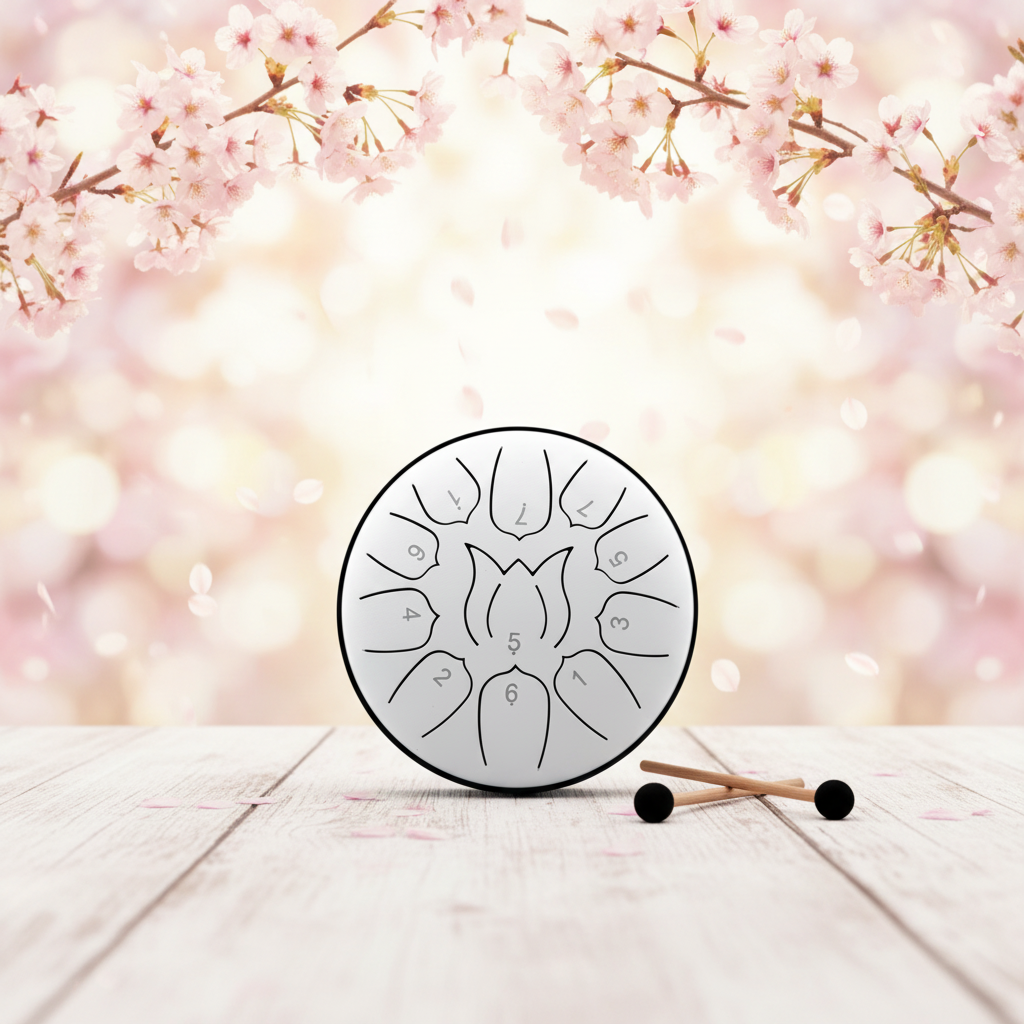 White Ethereal Love Me Love Me Not steel tongue drum, 6-inch 11-note Key of C, with cherry blossoms