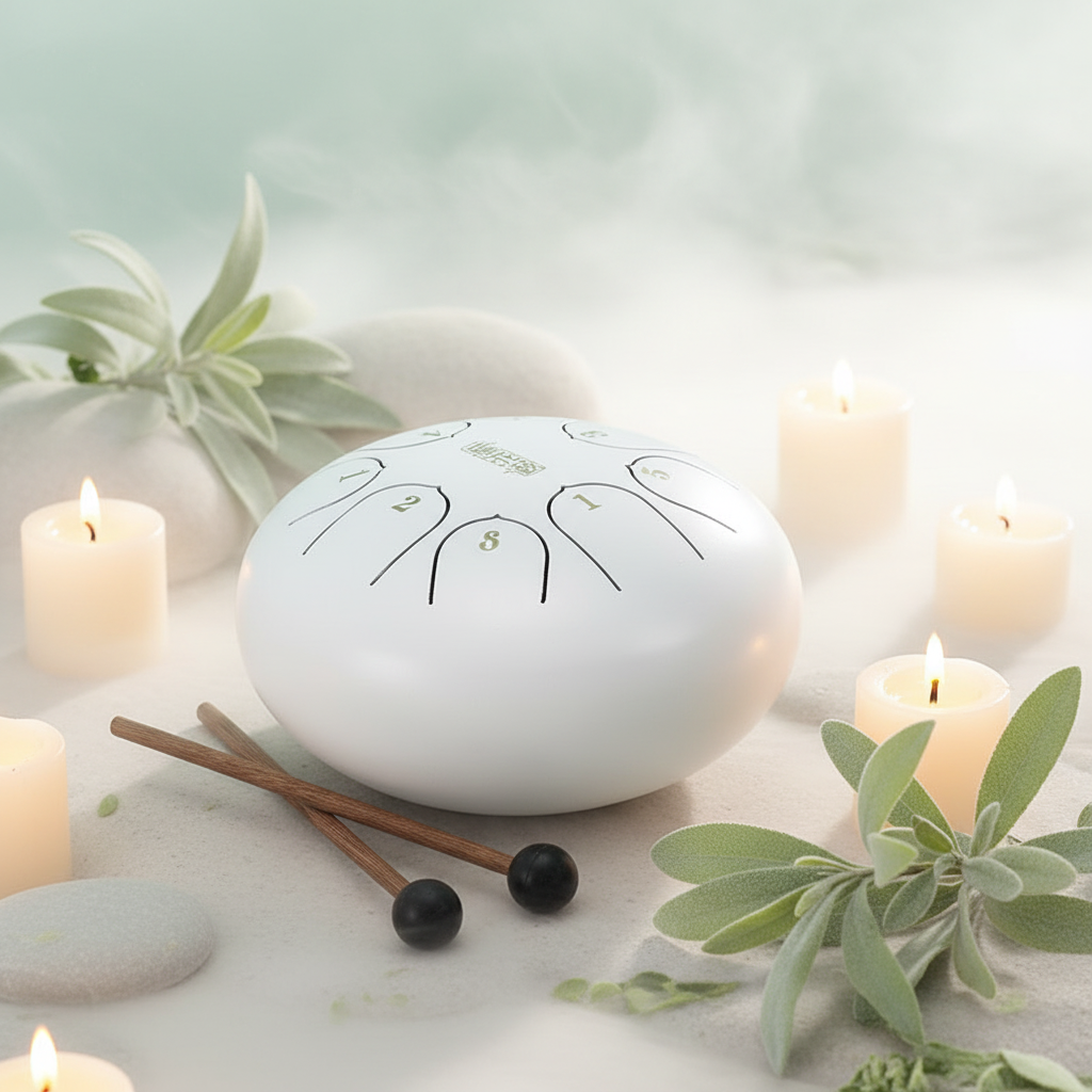 White Ethereal Zen Stillness steel tongue drum, 6-inch 8-note Key of C, minimalist calm scene