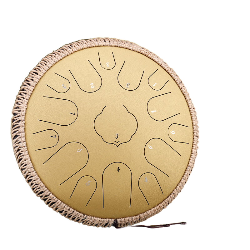 Gold Ethereal Stained Glass steel tongue drum on white background, 14-inch 15-note Key of D.