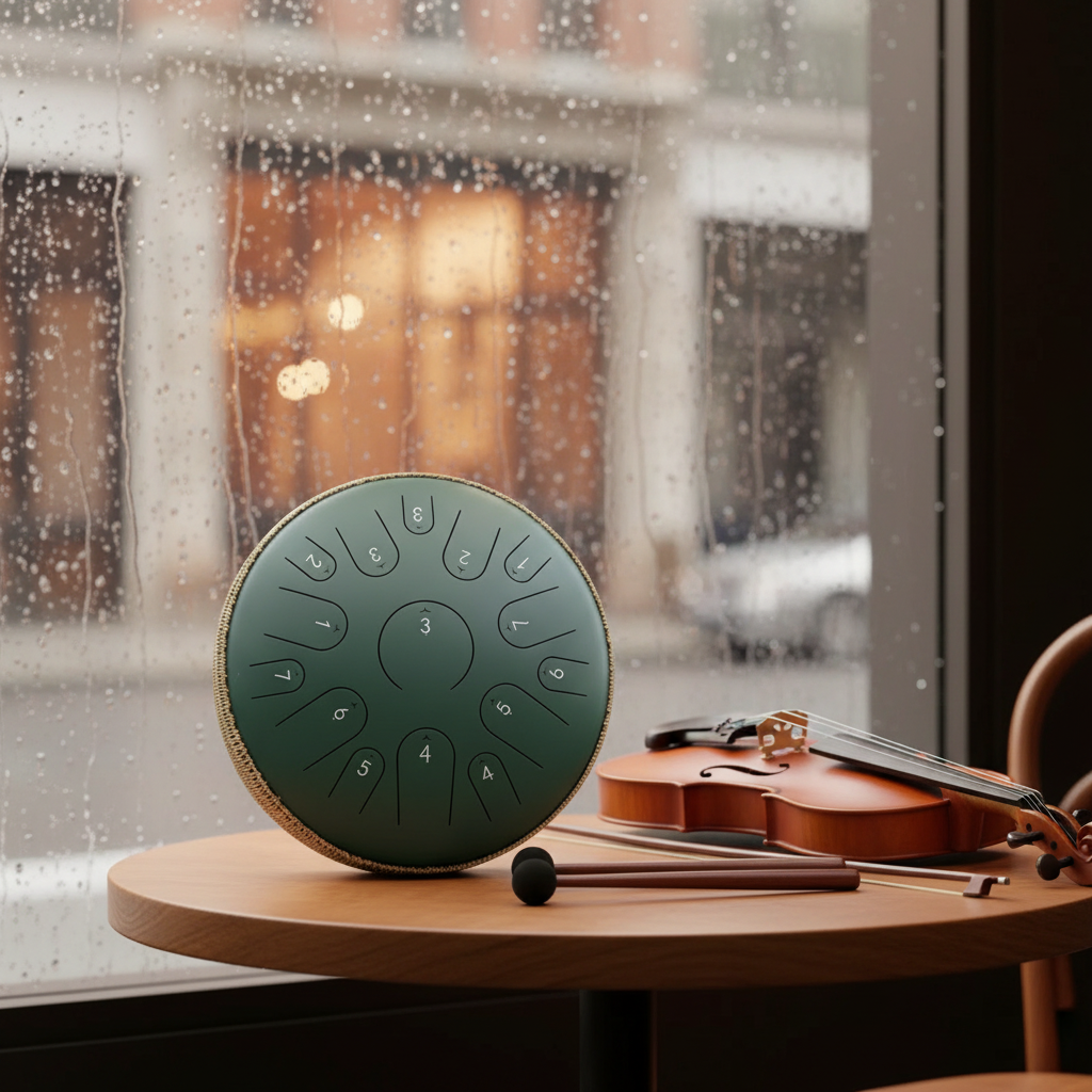 Stone green Ethereal Instrument Circle steel tongue drum, 14-inch 15-note Key of C, violin rainy coffee-shop scene