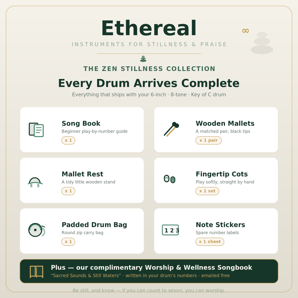 Ethereal Zen Stillness kit — 6-inch drum, songbook, mallets, and carrying box