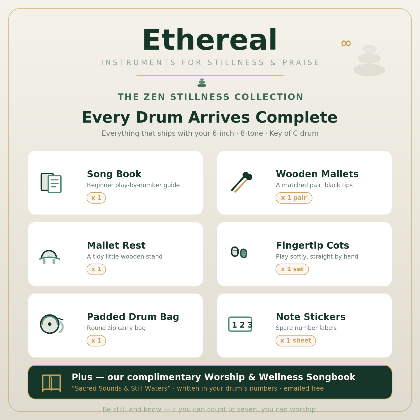 Ethereal Zen Stillness kit — 6-inch drum, songbook, mallets, and carrying box